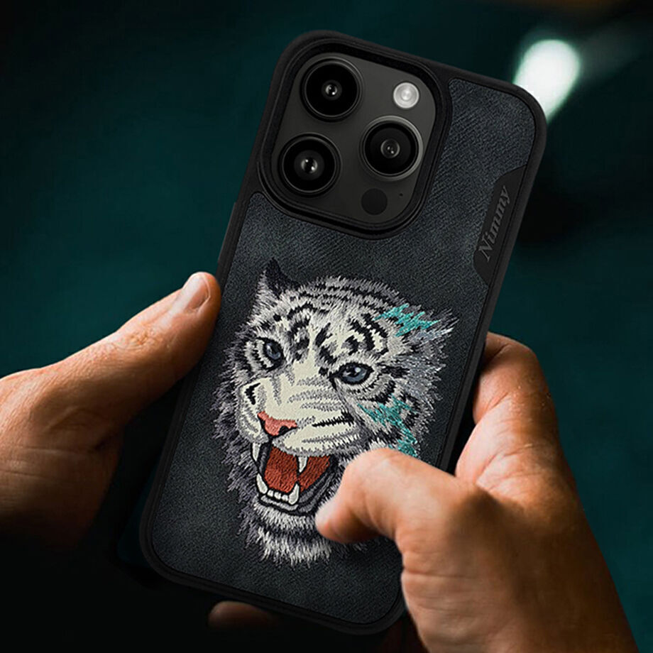 iPhone 15 Pro Nimmy Dazzling Series Embroidery Leather Case - Tiger