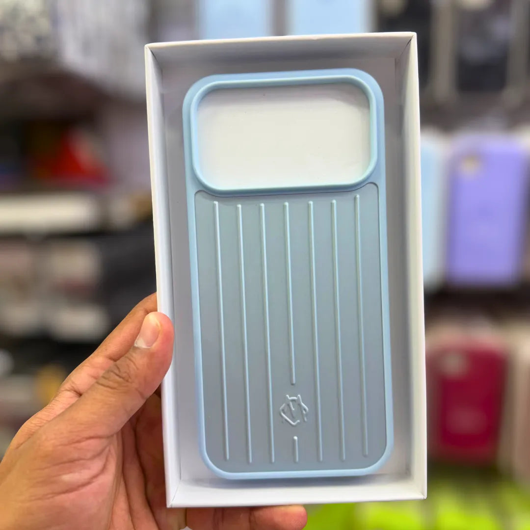 RIMOWA Aluminium Grooved Case, Light Blue, in the box