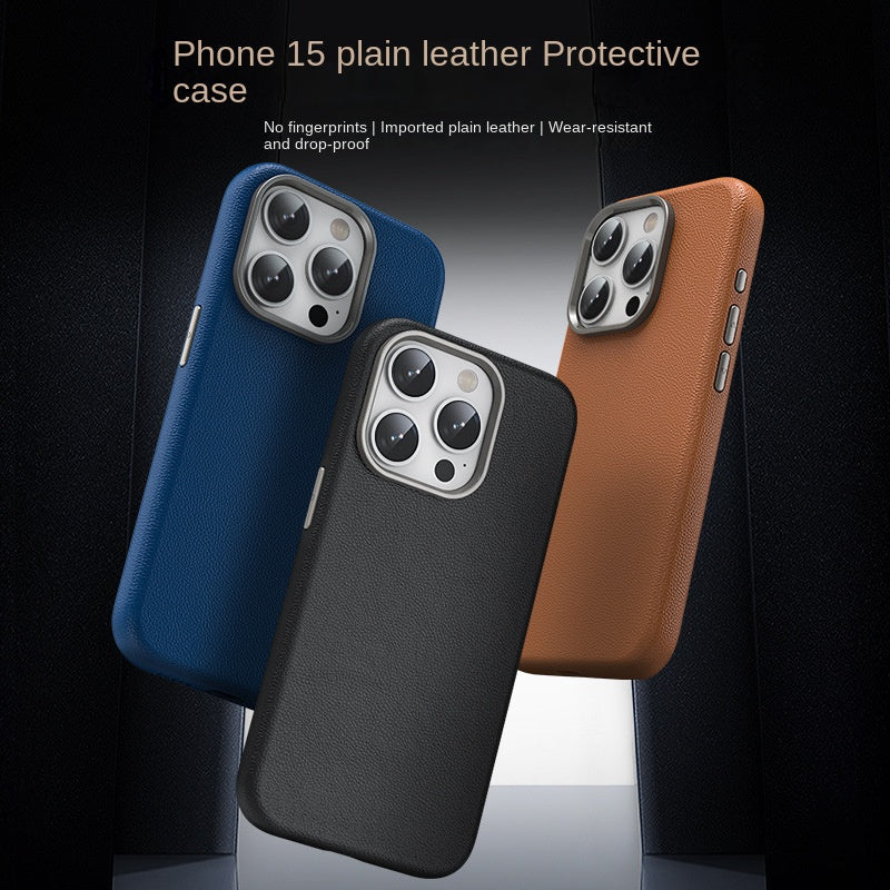 iPhone 15 Pro Genuine Leather Case Luxury Business Style Back Cover - Brown