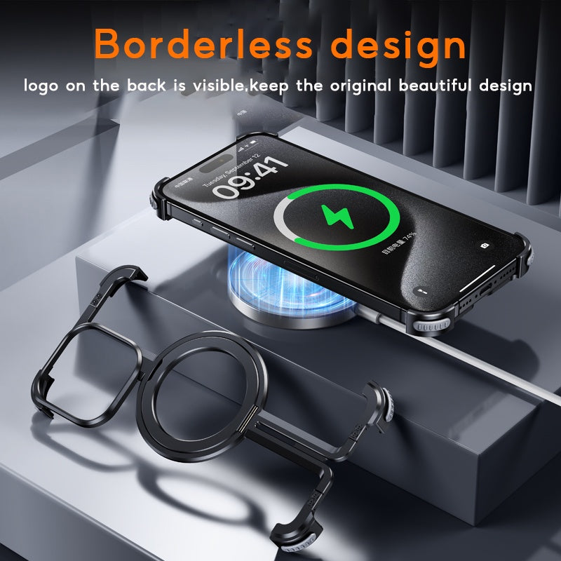 iPhone 15 Pro Pure Metal Framless Magnetic Impact Resistance Bumper Case with Stand - Black