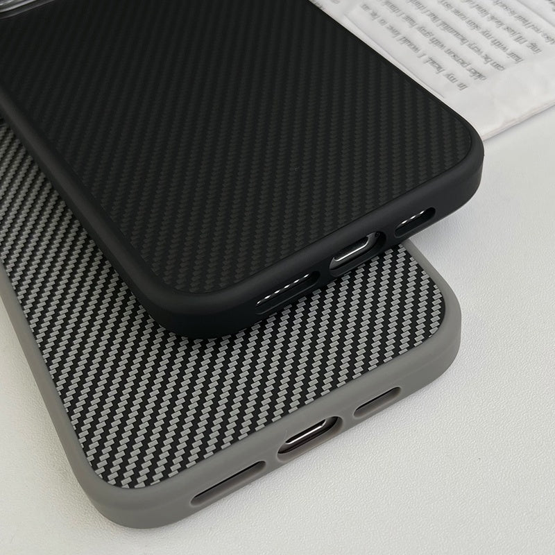 iPhone 15 Plus Shock Absorb Aramid Carban Pattern Slim Soft Case - Black / Grey