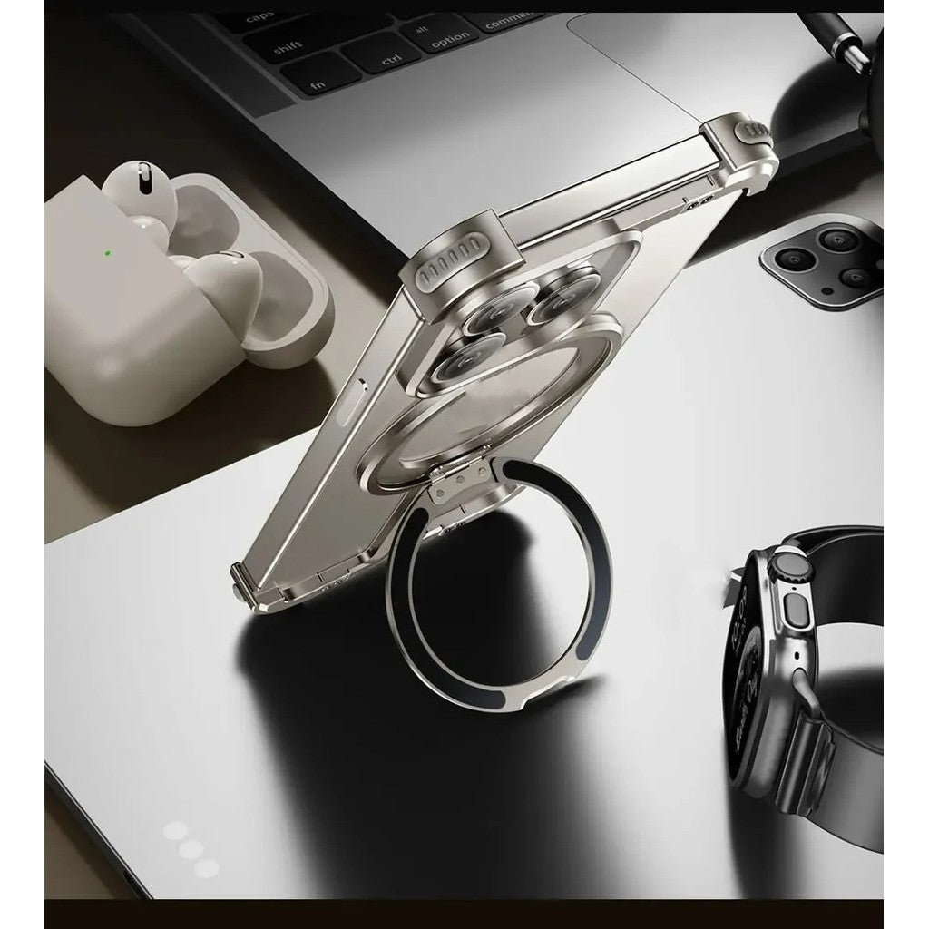 iPhone 15 Pro Pure Metal Framless Magnetic Impact Resistance Bumper Case with Stand - Titanium