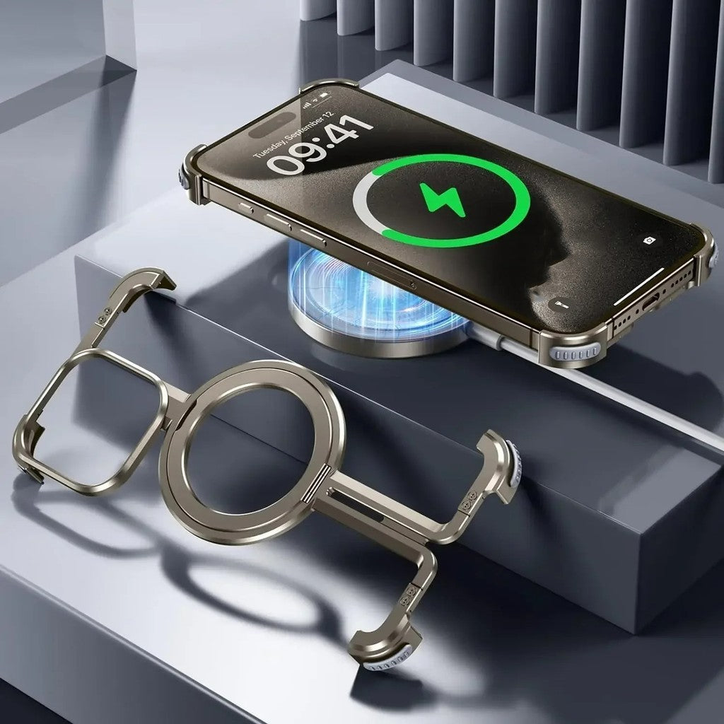 iPhone 15 Pro Pure Metal Framless Magnetic Impact Resistance Bumper Case with Stand - Titanium