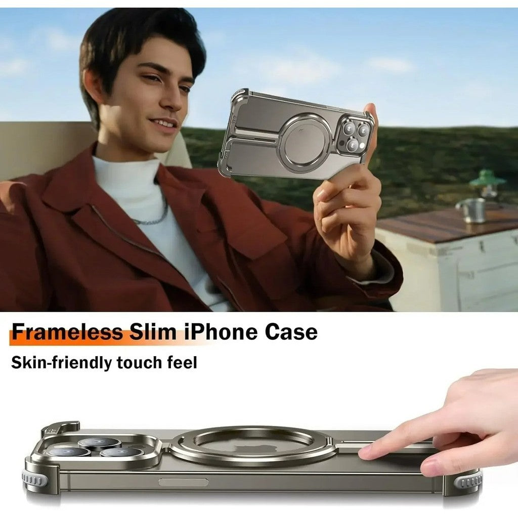 iPhone 15 Pro Pure Metal Framless Magnetic Impact Resistance Bumper Case with Stand - Titanium