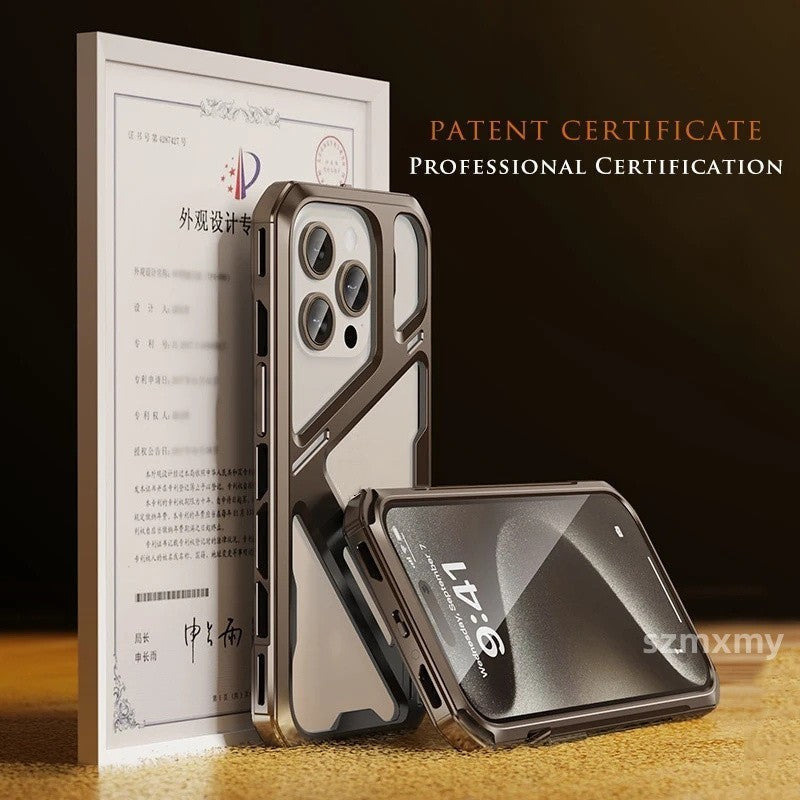 iPhone 15 Pro Mechanical Armor Hollow Heat Dissipation Metal Alloy Shockproof Case - Titanium