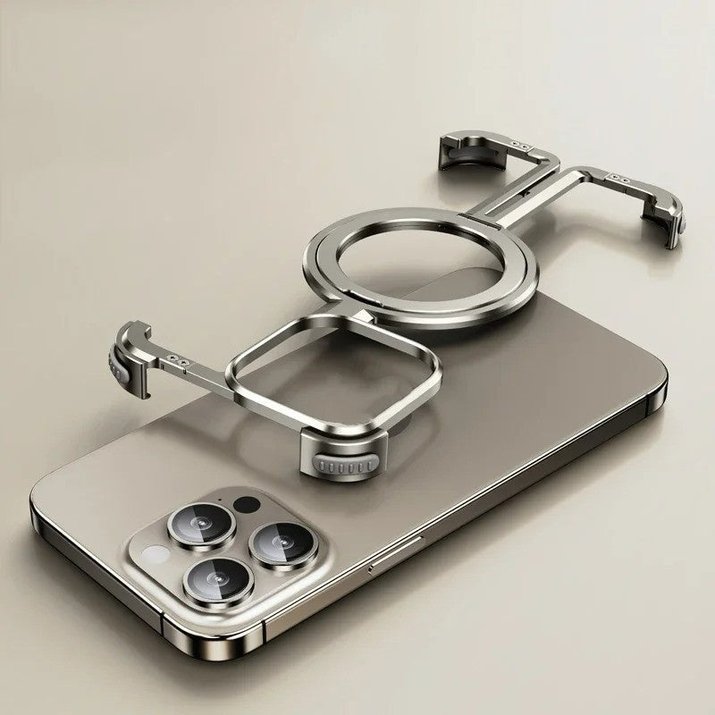 iPhone 15 Pro Max Pure Metal Framless Magnetic Impact Resistance Bumper Case with Stand - Titanium