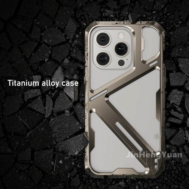 iPhone 15 Pro Mechanical Armor Hollow Heat Dissipation Metal Alloy Shockproof Case - Titanium