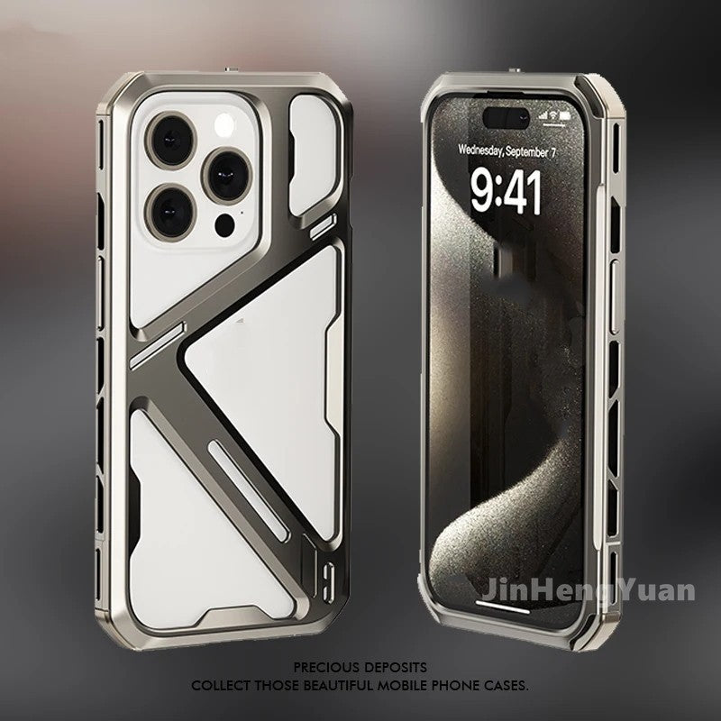 iPhone 15 Pro Mechanical Armor Hollow Heat Dissipation Metal Alloy Shockproof Case - Titanium