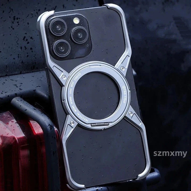 iPhone 16 Pro Metal Alloy X Shape Bumper Case with Magsafe & Rotating Stand  - Gray