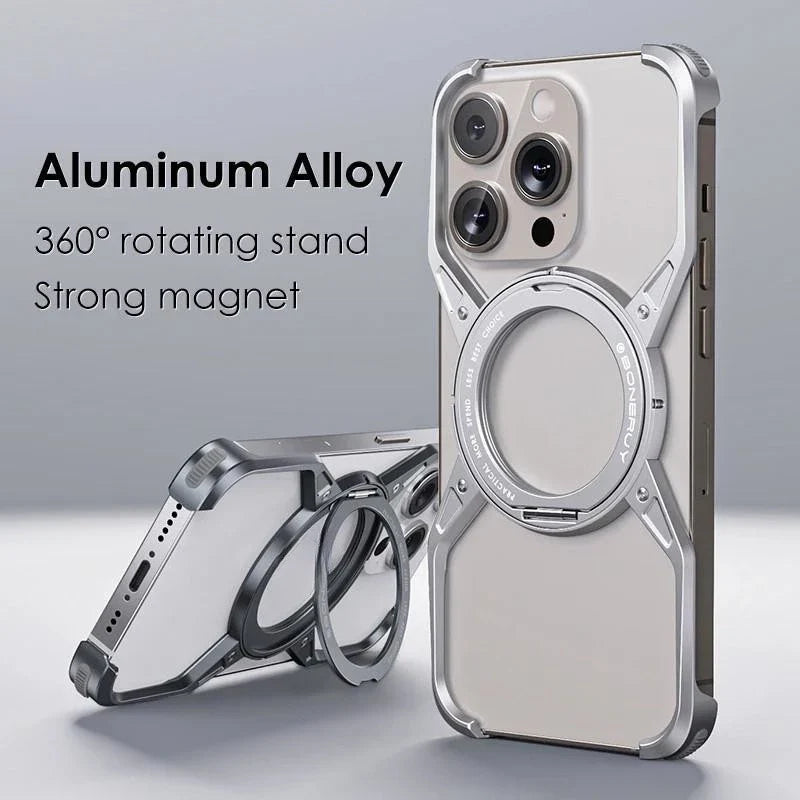 iPhone 16 Pro Metal Alloy X Shape Bumper Case with Magsafe & Rotating Stand  - Gray