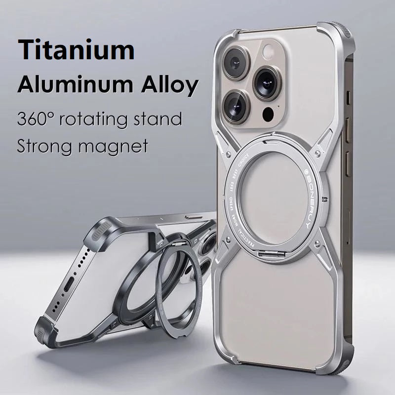 iPhone 16 Pro Metal Alloy X Shape Bumper Case with Magsafe & Rotating Stand - Silver