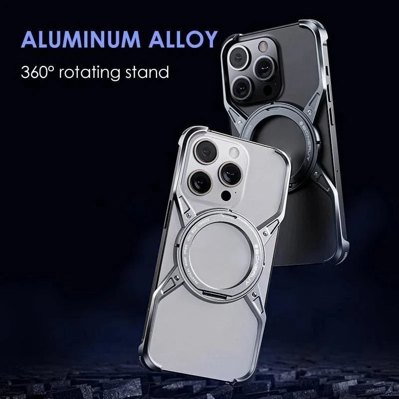 iPhone 16 Pro Max Metal Alloy X Shape Bumper Case with Magsafe & Rotating Stand - Gray