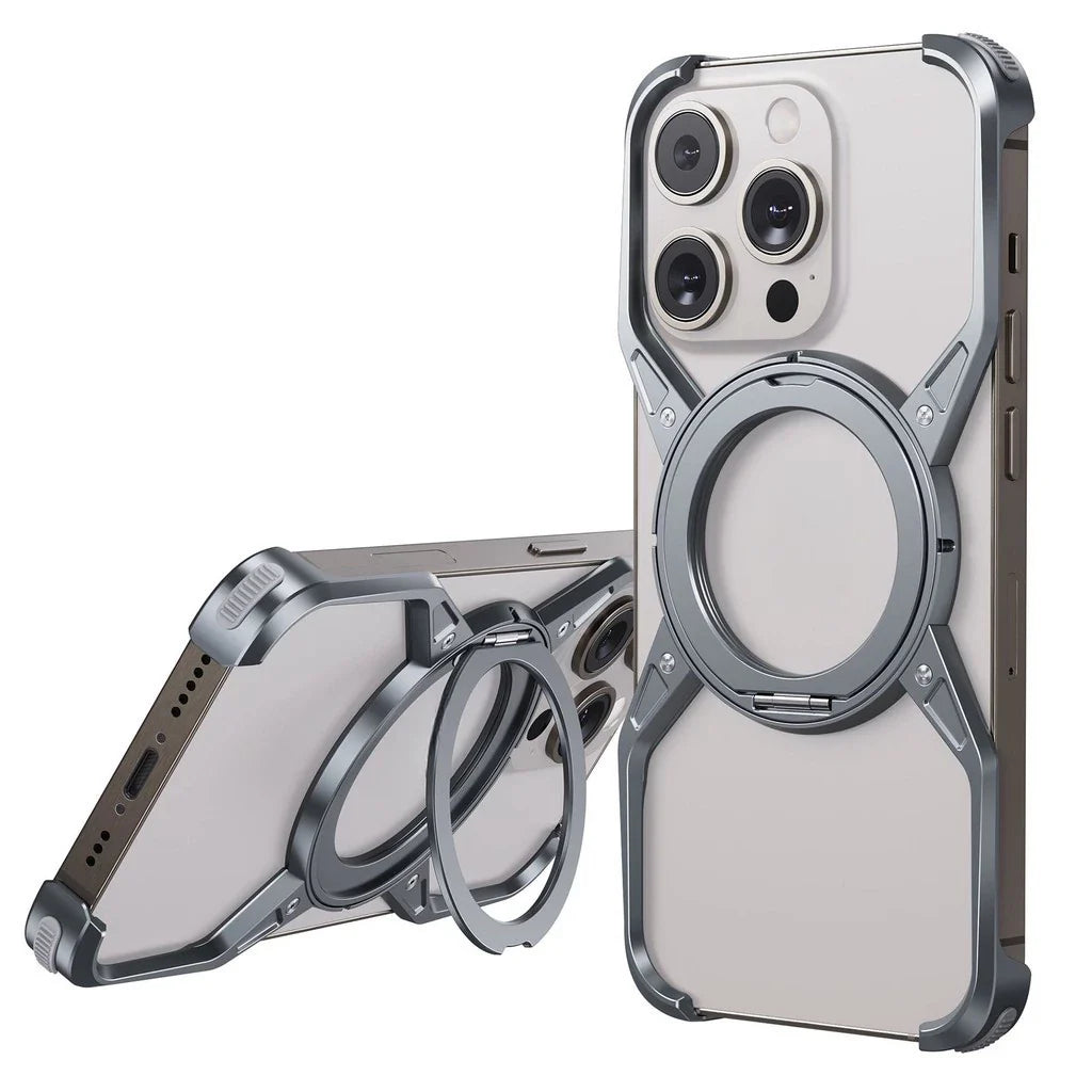 iPhone 16 Pro Max Metal Alloy X Shape Bumper Case with Magsafe & Rotating Stand - Gray