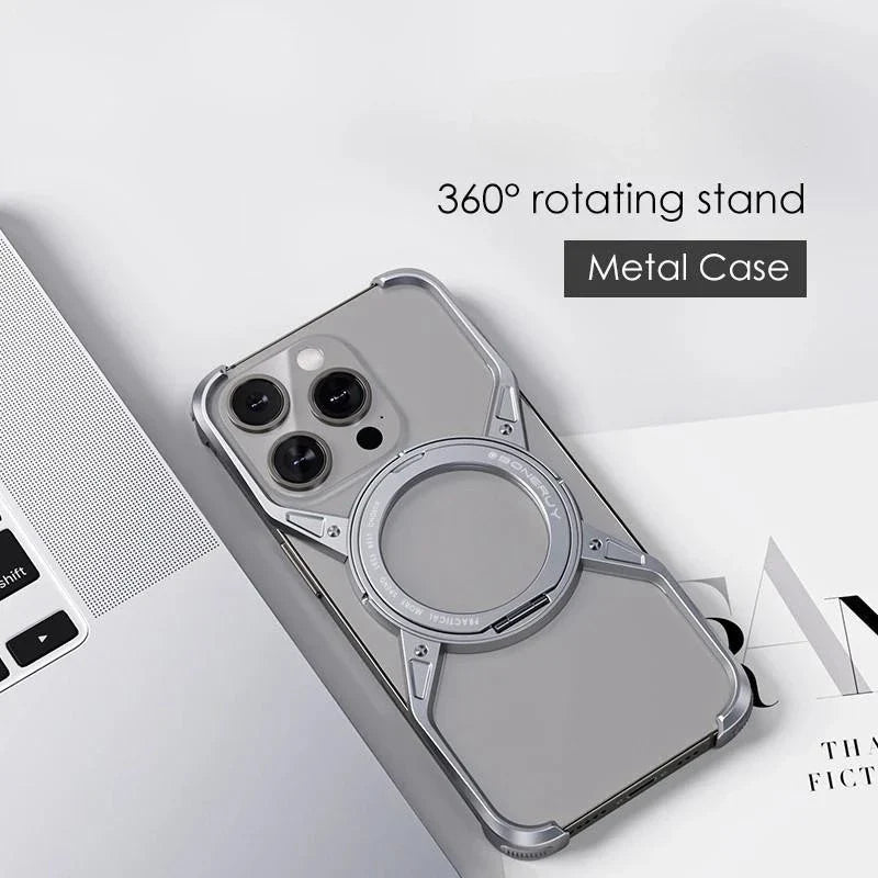 iPhone 16 Pro Metal Alloy X Shape Bumper Case with Magsafe & Rotating Stand - Silver