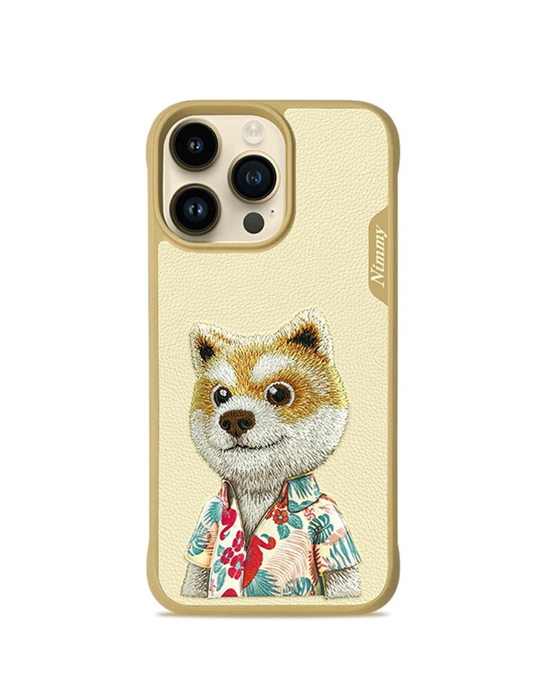 TREEMODA Nimmy 3D Embroidered Khaki Dog Leather Case for iPhone 15 Pro Max