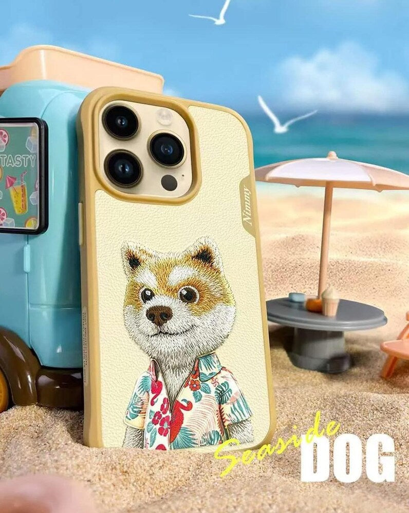 TREEMODA Nimmy 3D Embroidered Khaki Dog Leather Case for iPhone 14 Pro Max