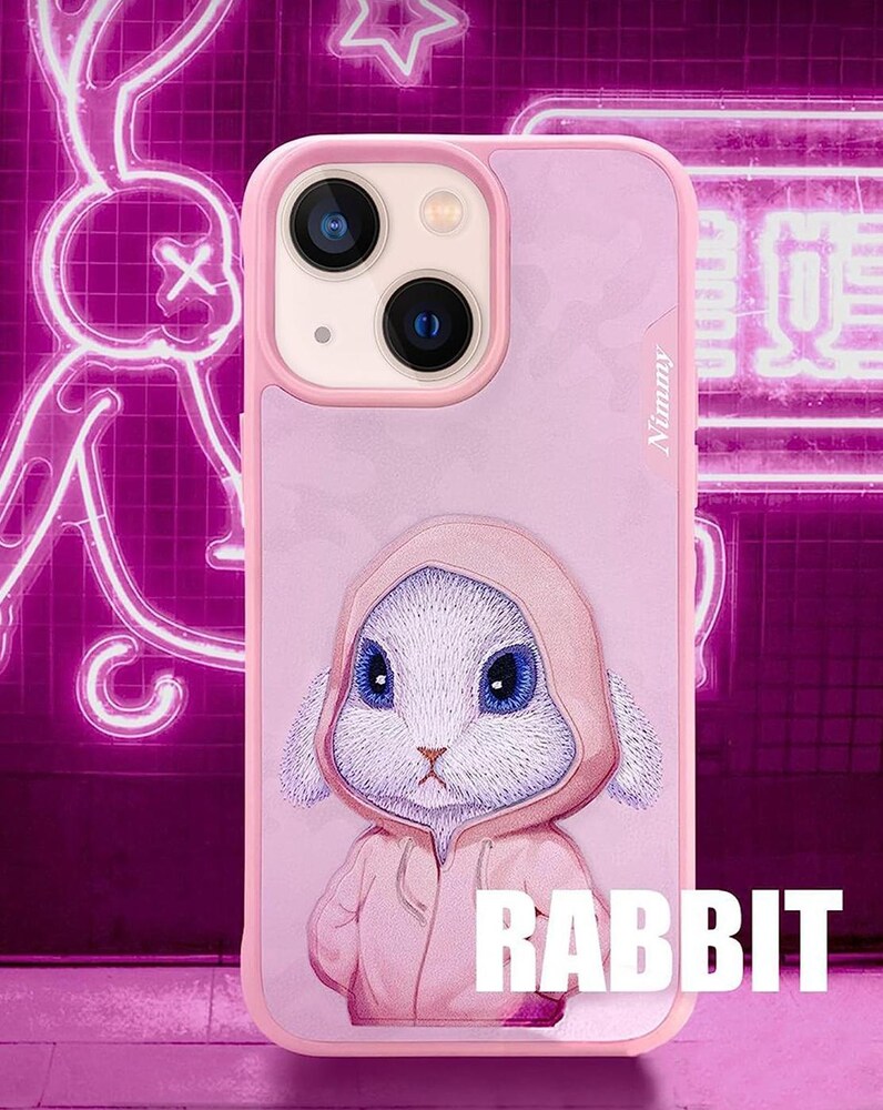 TREEMODA Nimmy 3D Embroidered Pink Rabbit Leather Case for iPhone 14 Pro Max