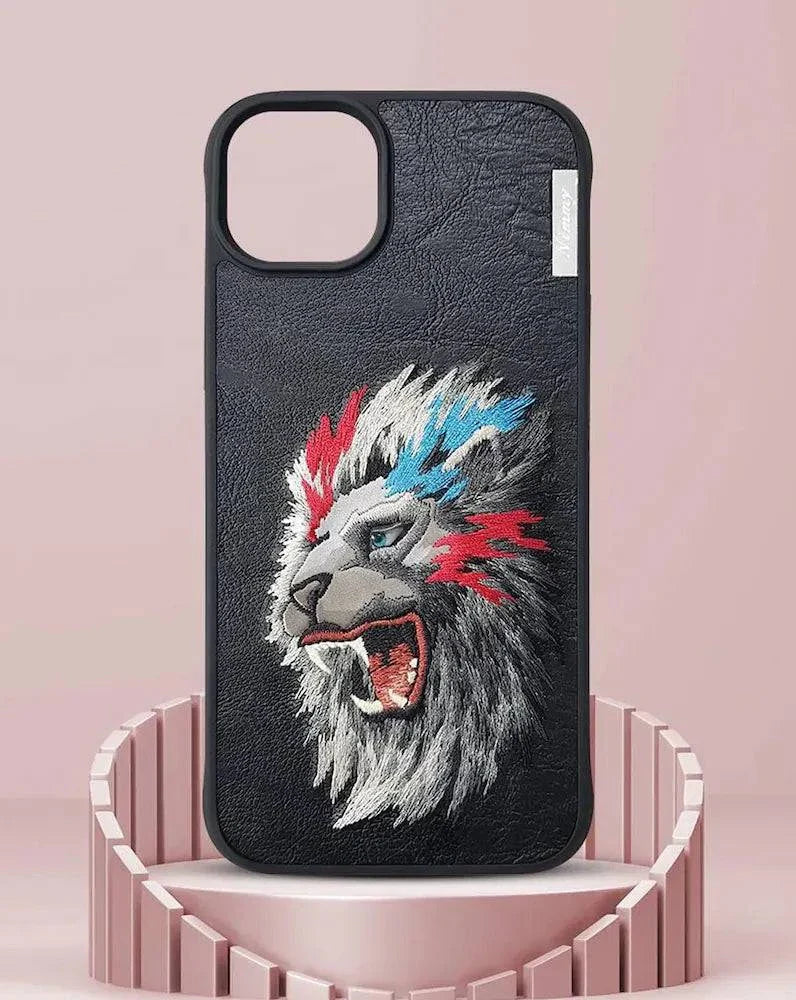 TREEMODA Nimmy Lion Leather Case with Embroidery Anti-Slip Scratch Resistant Protective Cover for Iphone 15