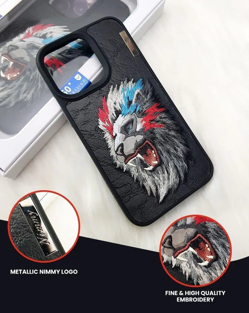 TREEMODA Nimmy Lion Leather Case with Embroidery Anti-Slip Scratch Resistant Protective Cover for Iphone 15 Pro Max