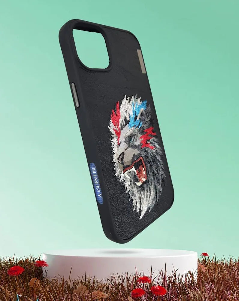 TREEMODA Nimmy Lion Leather Case with Embroidery Anti-Slip Scratch Resistant Protective Cover for Iphone 15