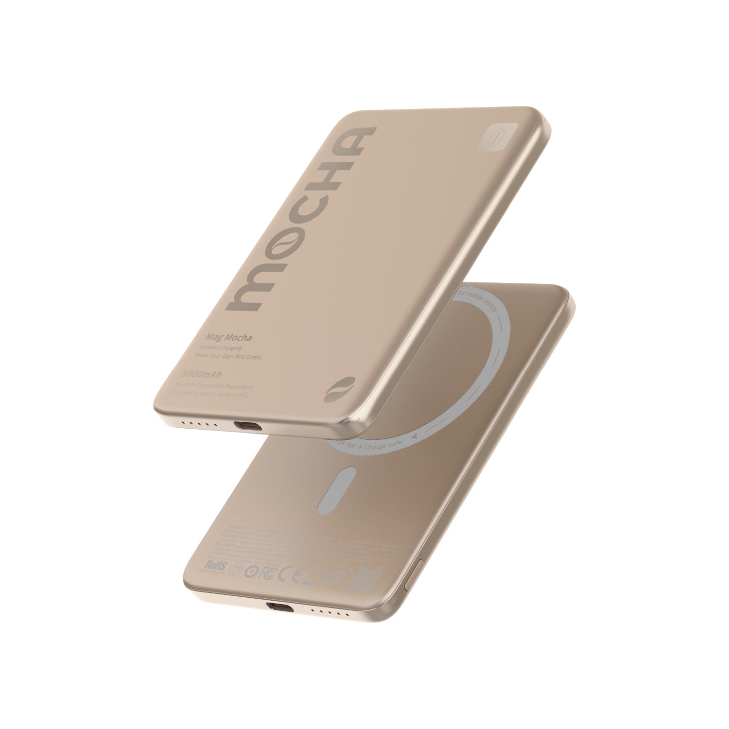 WiWU Wi-P085 Ultra-Thin 5000mAh Magnetic Wireless Power Bank, 15W in Mocha Gold, view 1