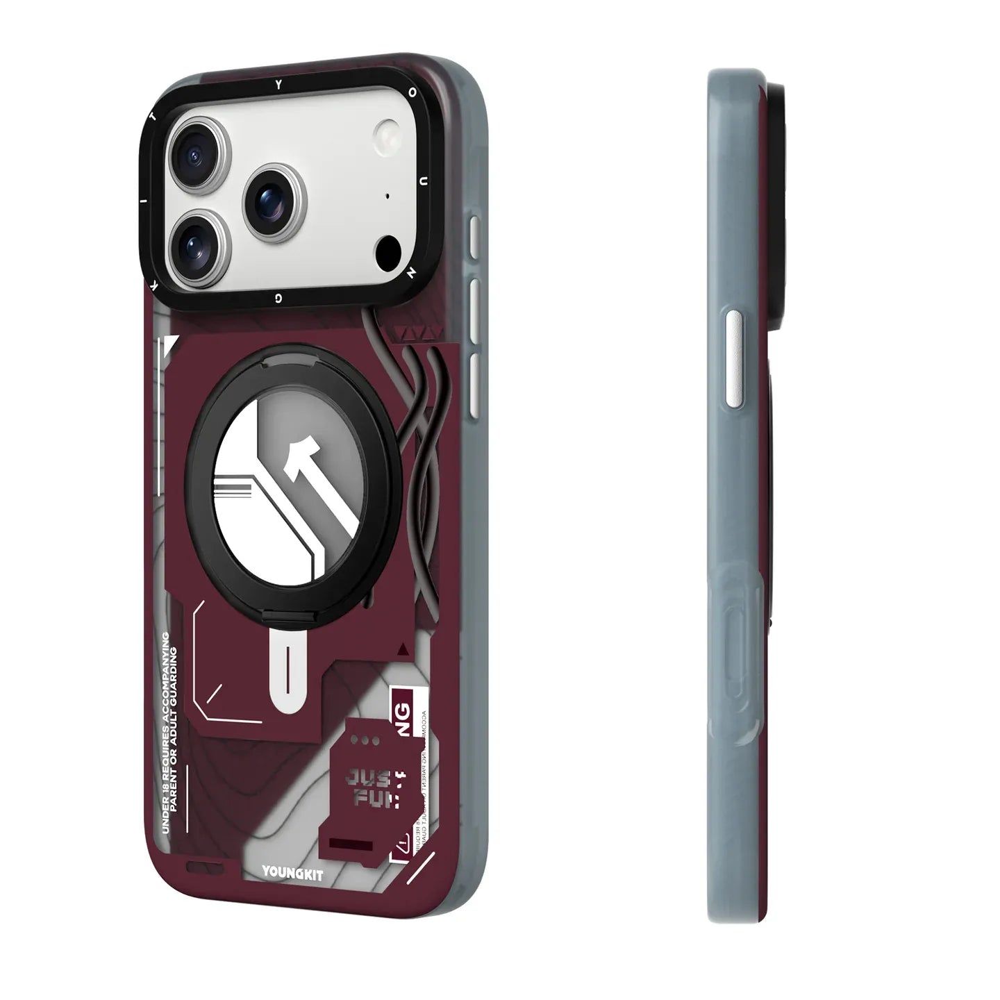 Youngkit Cyberpunk MagSafe Case with 360° Rotating Stand, back and side view