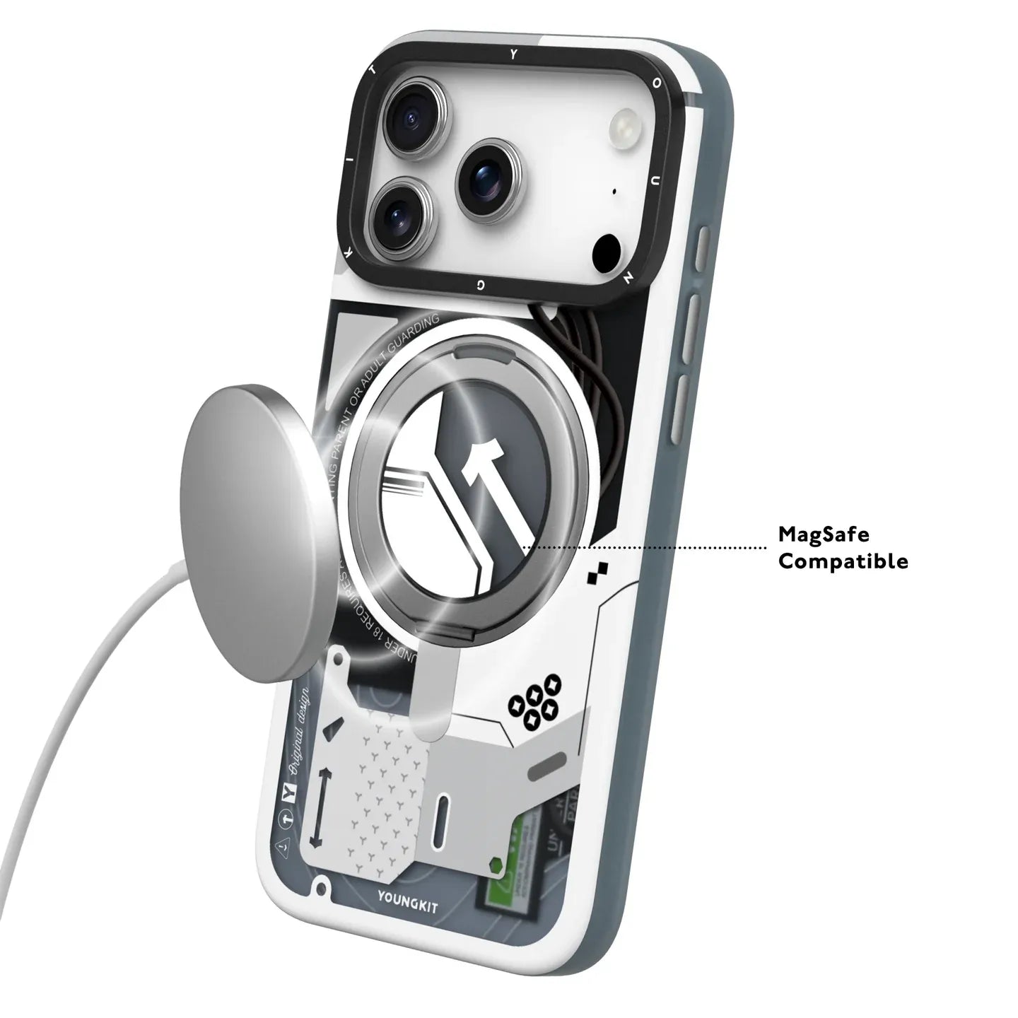 Youngkit Cyberpunk MagSafe Case with 360° Rotating Stand, with a MagSafe charger